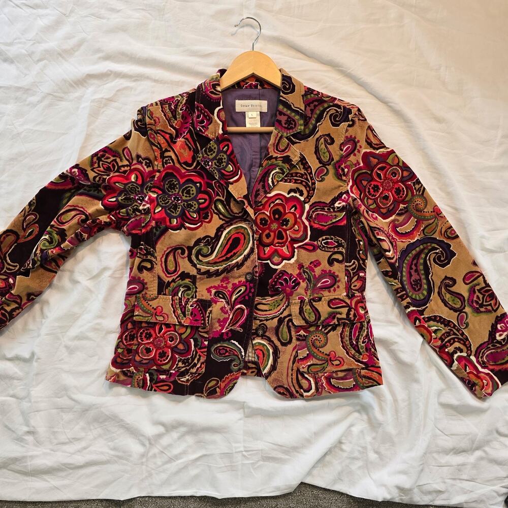 Vintage cotton stretch Susan Bristol size L Floral blazer in crushed velvet feel